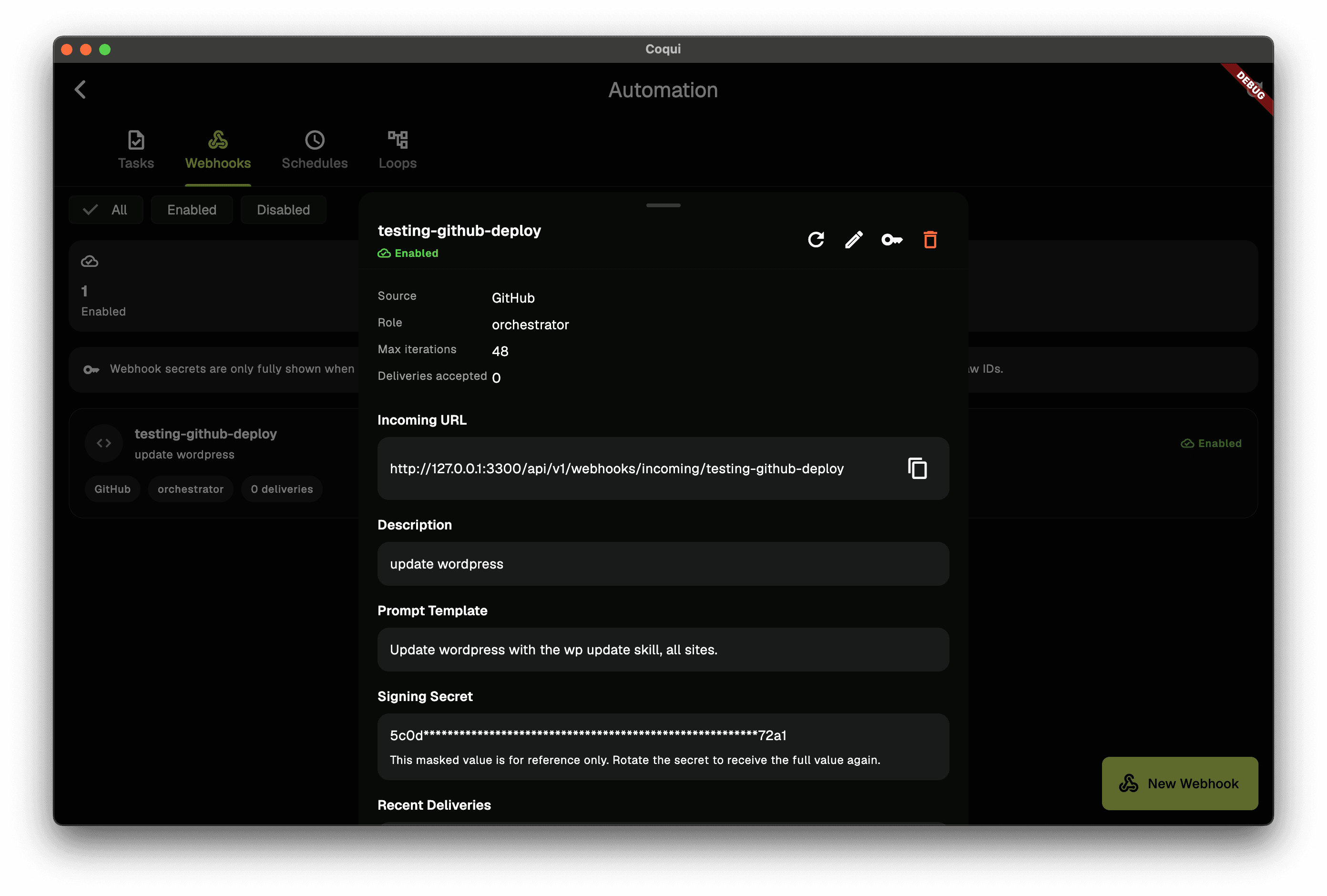 Coqui app webhooks
