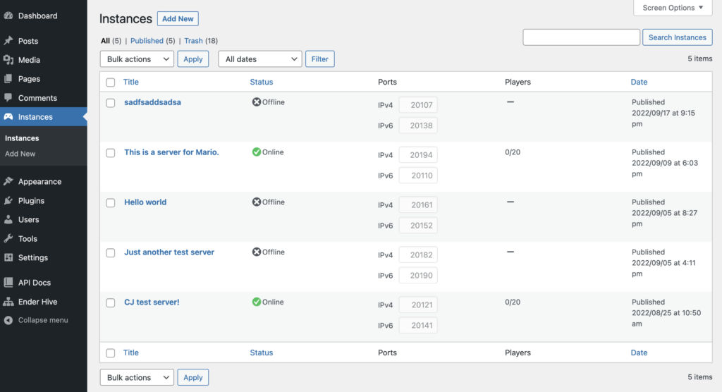 Ender Hive WordPress admin panel screenshot.